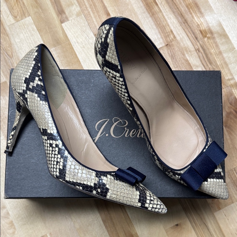 J. Crew Elsie Snake Heels with Navy Bow